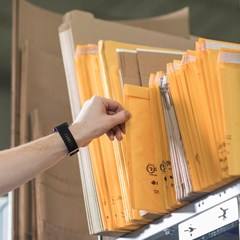 Cushioned shipping mailers are laid out on top of a metal workstation.